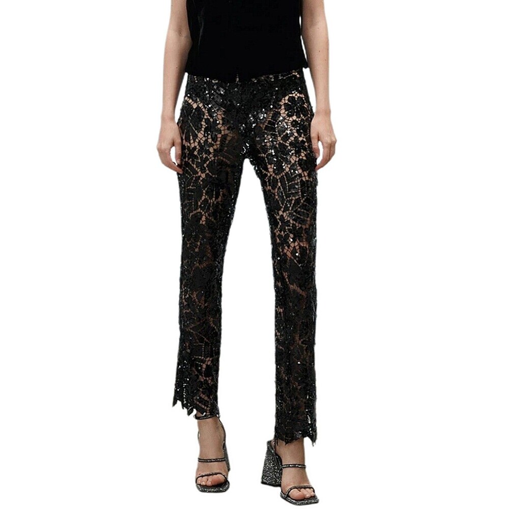 Zara Sheer Black Sequin Lace Pant Womens Small Limited Edition Festival 9083/102
